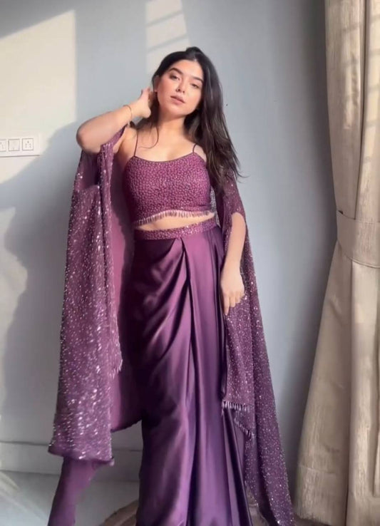 Purple Amy Western Style Rangoli Shrug,Tube Choli with Draped Skirt