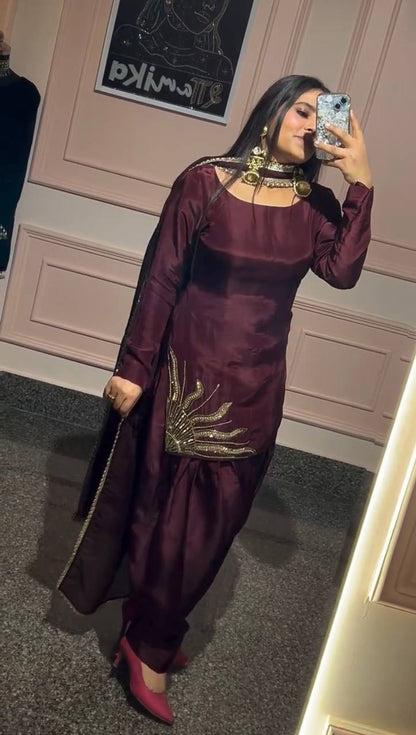 Mahira Royal Maroon  Golden Embroidery  Patiala Suit Set