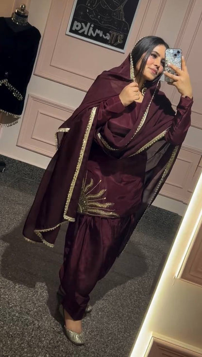 Mahira Royal Maroon  Golden Embroidery  Patiala Suit Set