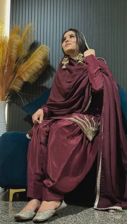 Mahira Royal Maroon  Golden Embroidery  Patiala Suit Set