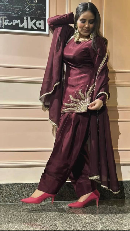 Mahira Royal Maroon  Golden Embroidery  Patiala Suit Set