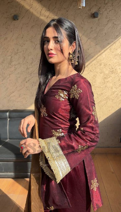 Ruhani Royal Maroon Silk Draped in Gold Dust Elegance Suit