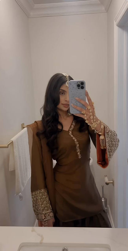 Zafraan Veil  Natural satin Silk Top Bottom With Dupatta Set