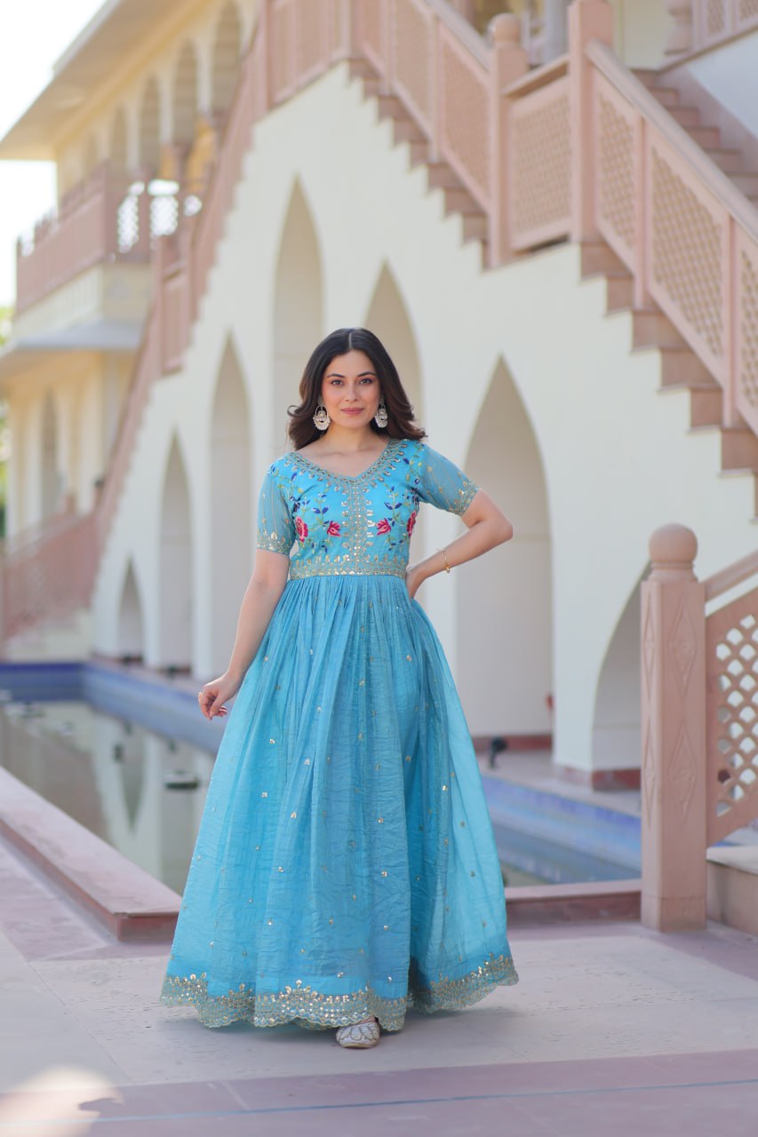 Zehra Zest Gold Crush with Multi Thread Embroidery  Gown