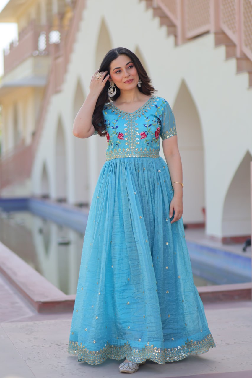 Zehra Zest Gold Crush with Multi Thread Embroidery  Gown