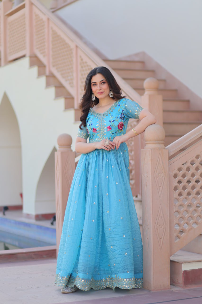 Zehra Zest Gold Crush with Multi Thread Embroidery  Gown