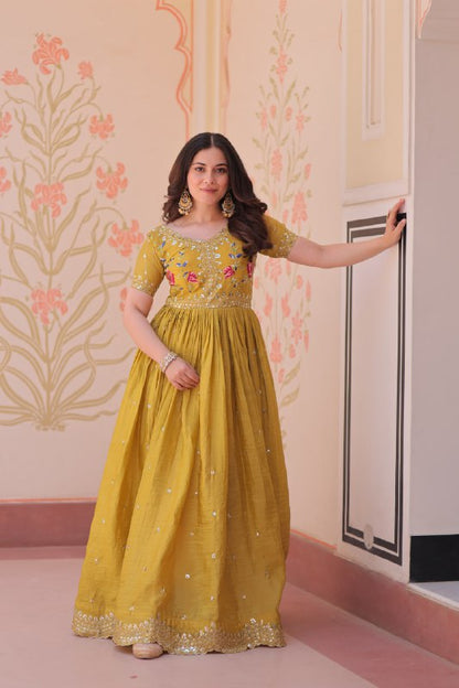 Zehra Zest Gold Crush with Multi Thread Embroidery  Gown
