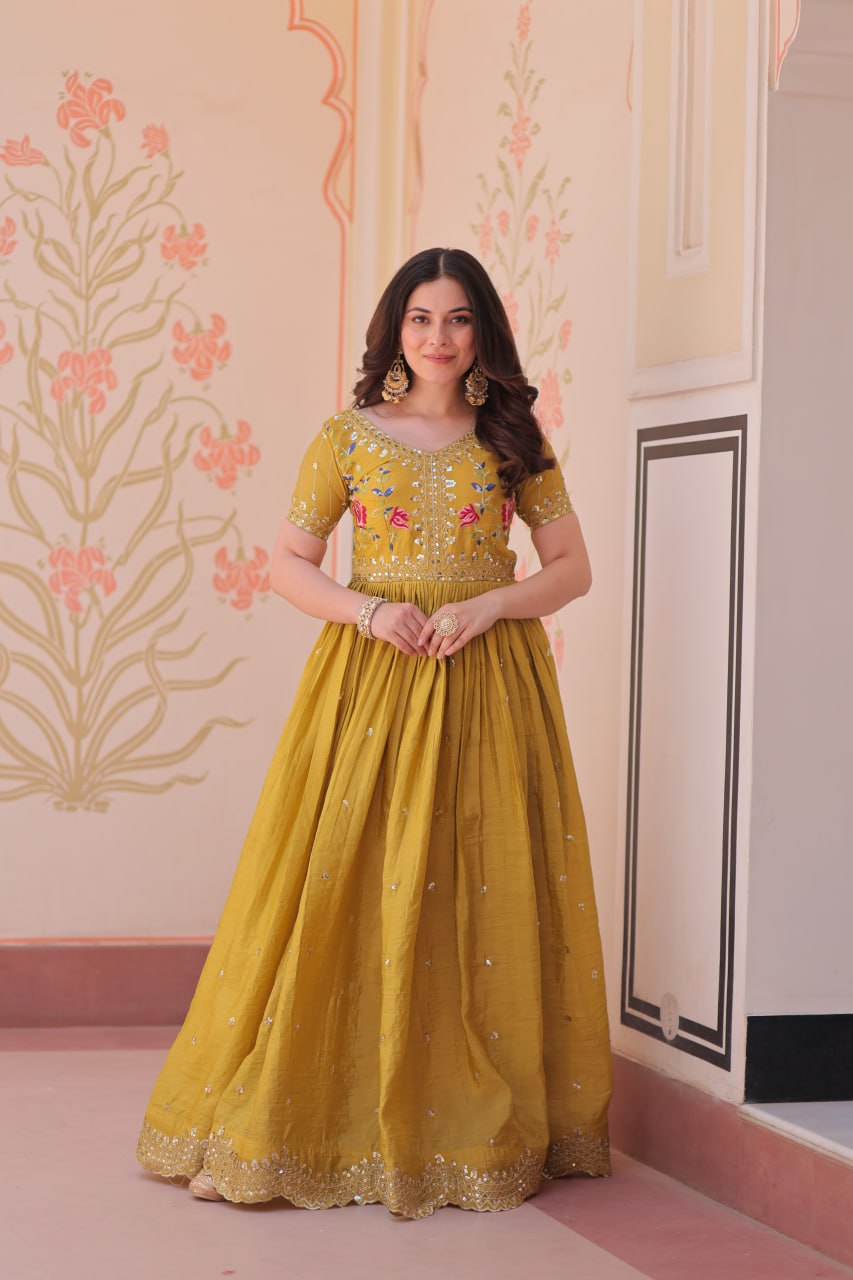 Zehra Zest Gold Crush with Multi Thread Embroidery  Gown