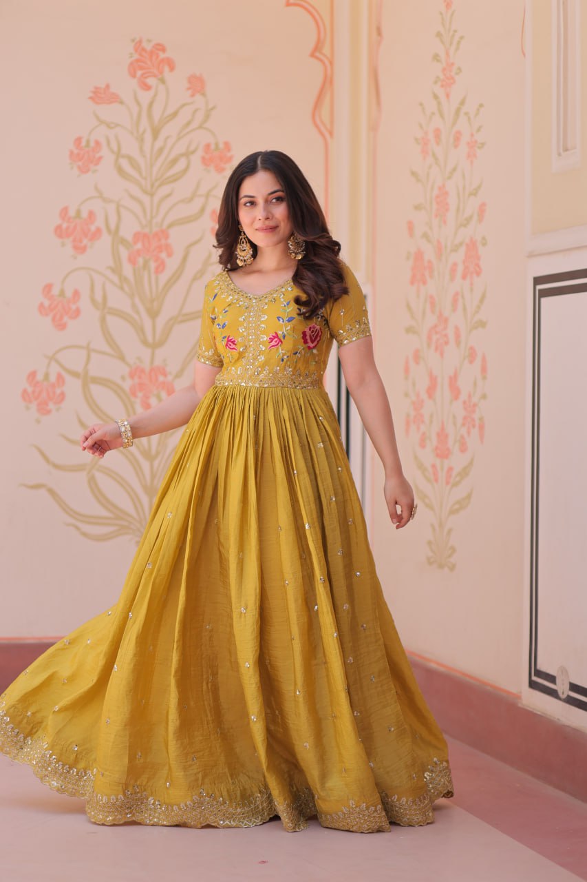 Zehra Zest Gold Crush with Multi Thread Embroidery  Gown