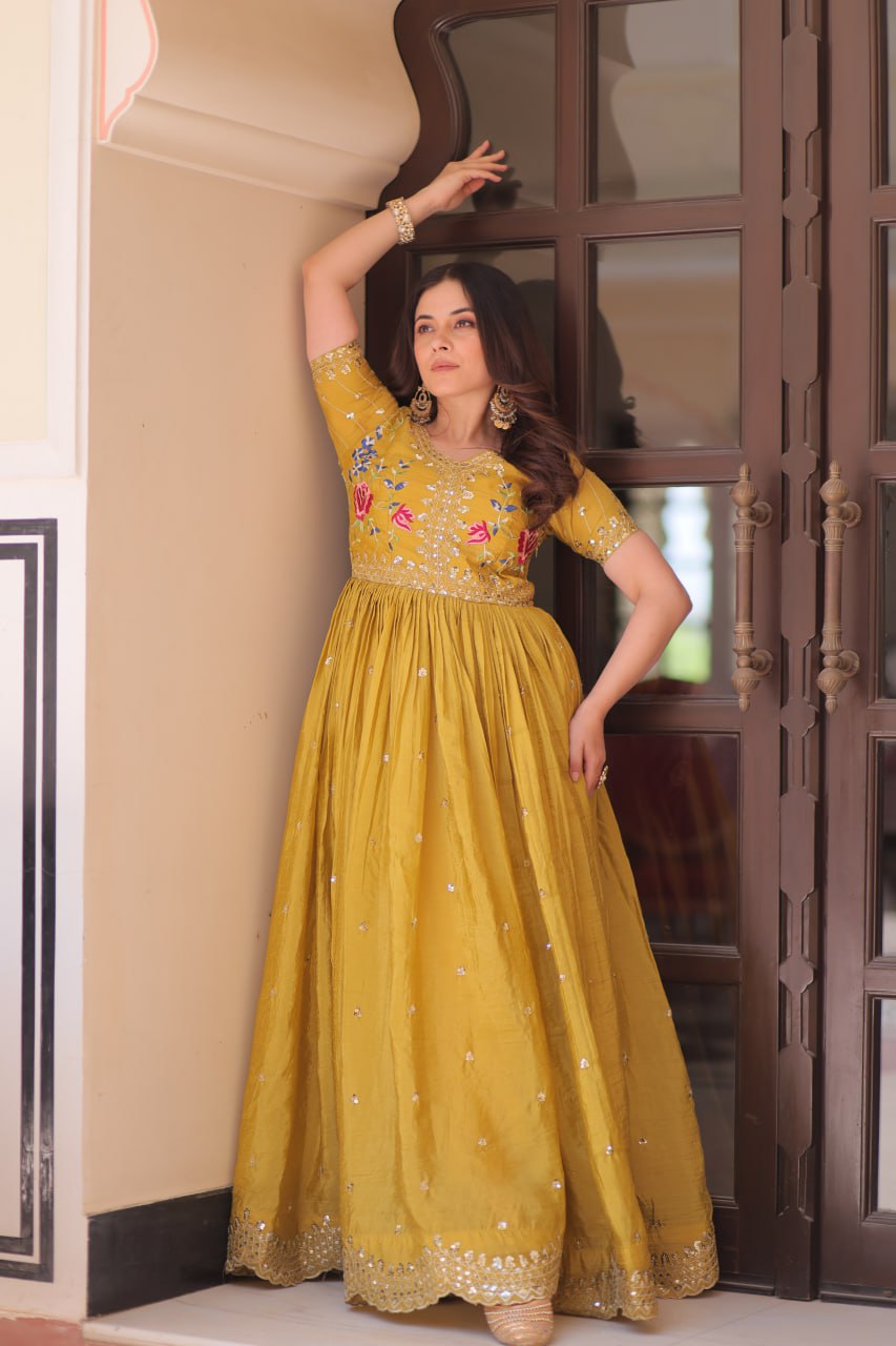 Zehra Zest Gold Crush with Multi Thread Embroidery  Gown