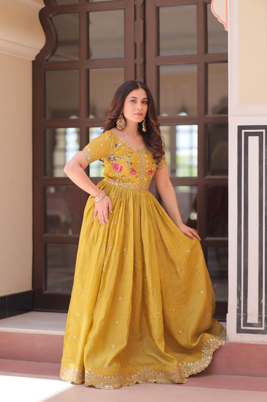 Zehra Zest Gold Crush with Multi Thread Embroidery  Gown