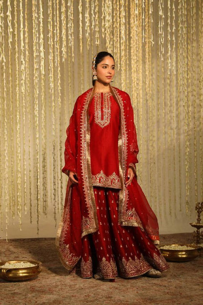 Falak Embrace Blooming in Red Tradition Top Plazzo Set
