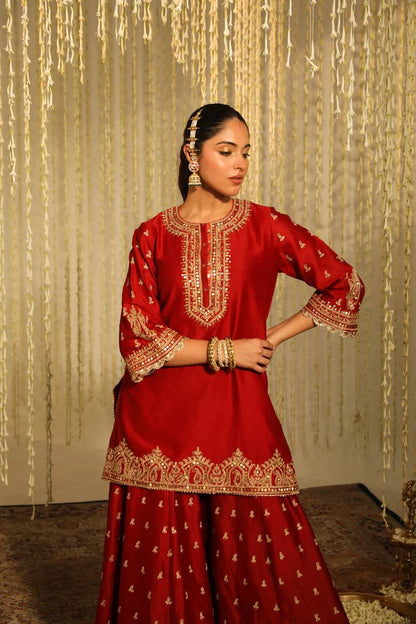 Falak Embrace Blooming in Red Tradition Top Plazzo Set
