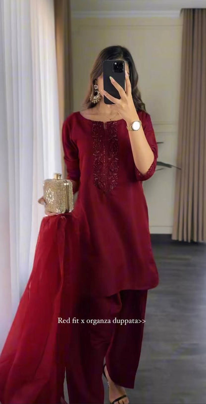 Ziyaara Beautiful  Blooming  Red Party Wear Suit Set