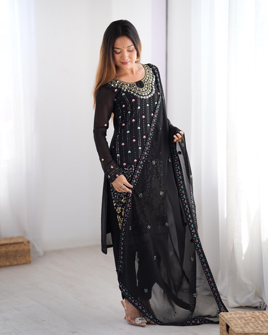 Sitara Classic Embroidered Suit – Black & Blue Variants