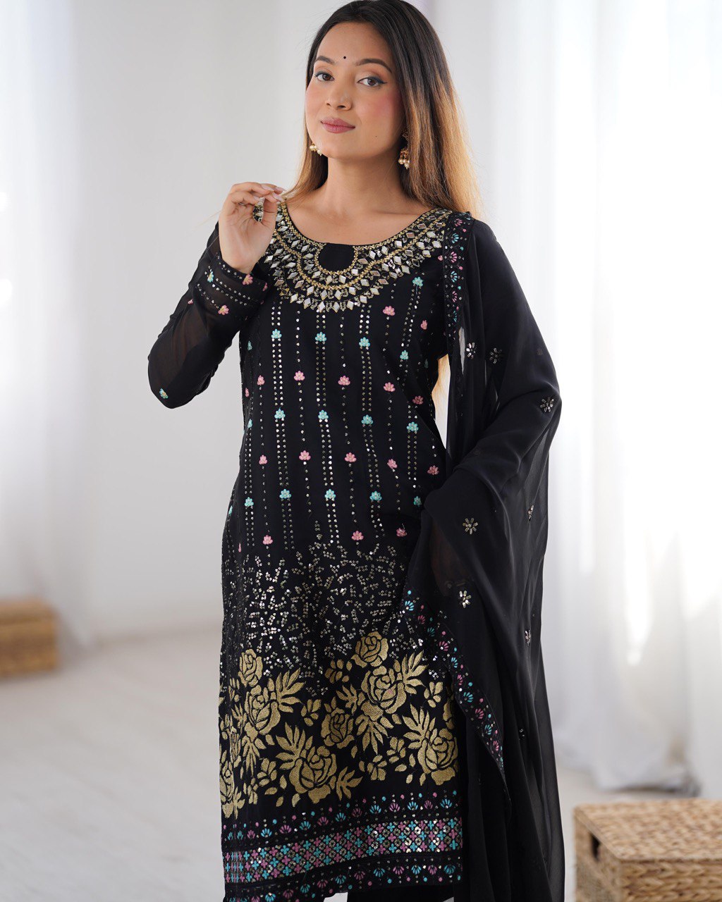 Sitara Classic Embroidered Suit – Black & Blue Variants
