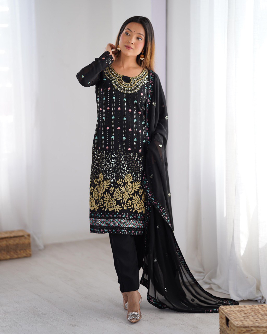 Sitara Classic Embroidered Suit – Black & Blue Variants