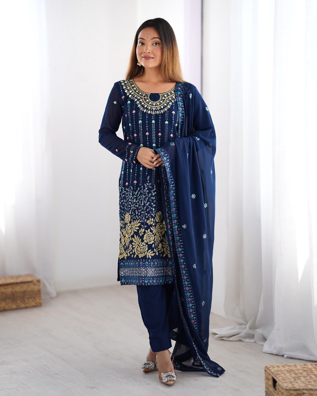 Sitara Classic Embroidered Suit – Black & Blue Variants