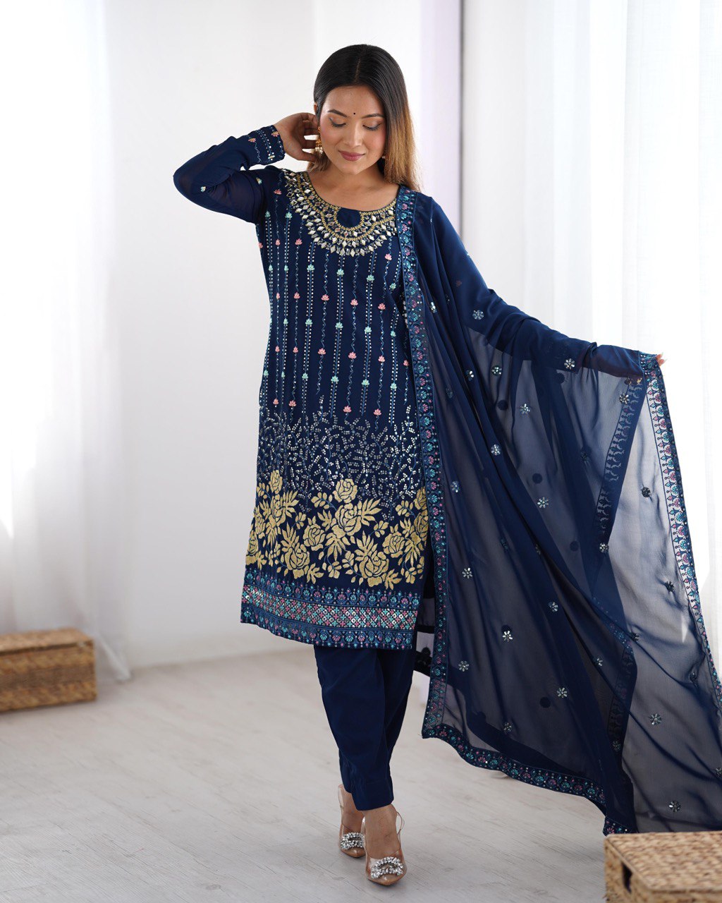 Sitara Classic Embroidered Suit – Black & Blue Variants
