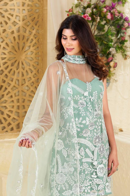 Sitas Exquisite Net Fabric with Dori Work, Sequins And White Cutdana