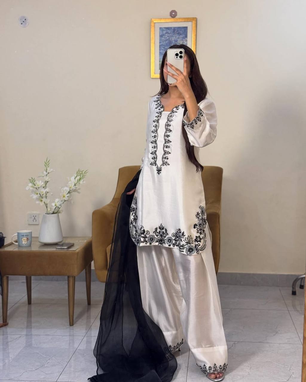 Reyana Designer Party Wear Natural Crepe White Farshi set