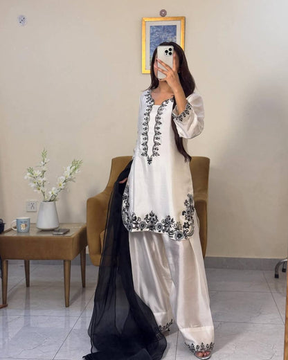 Reyana Designer Party Wear Natural Crepe White Farshi set