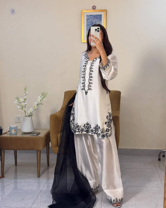 Reyana Designer Party Wear Natural Crepe White Farshi set