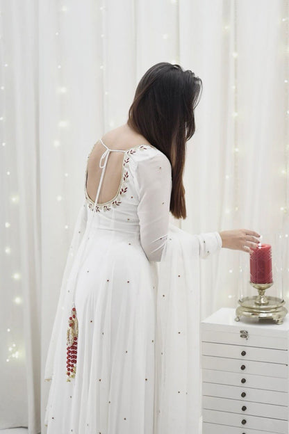 Tishya Beautiful Designer Hand work White Anarkali Set