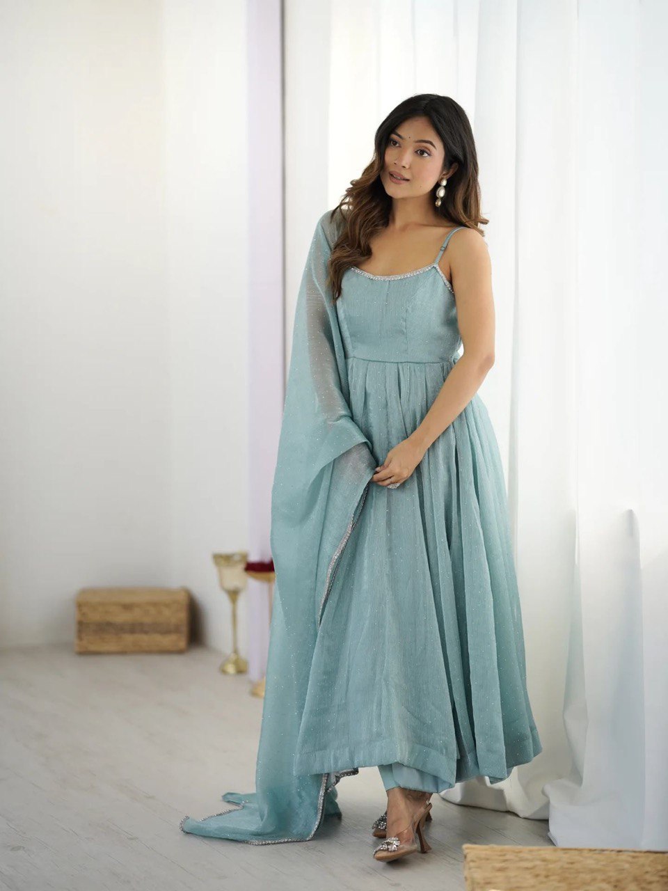 Aarvi  Mist Crunch silk  Beautiful Pastel Blue Anarkali Set