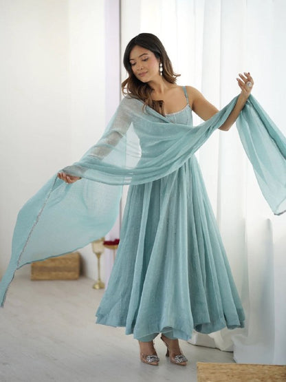 Aarvi  Mist Crunch silk  Beautiful Pastel Blue Anarkali Set