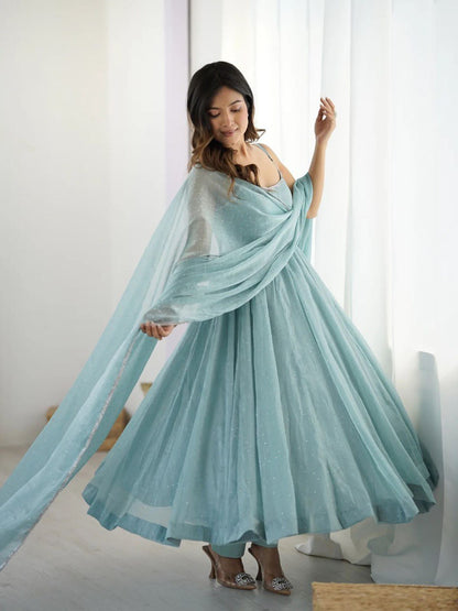Aarvi  Mist Crunch silk  Beautiful Pastel Blue Anarkali Set