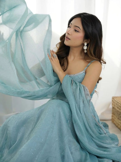 Aarvi  Mist Crunch silk  Beautiful Pastel Blue Anarkali Set