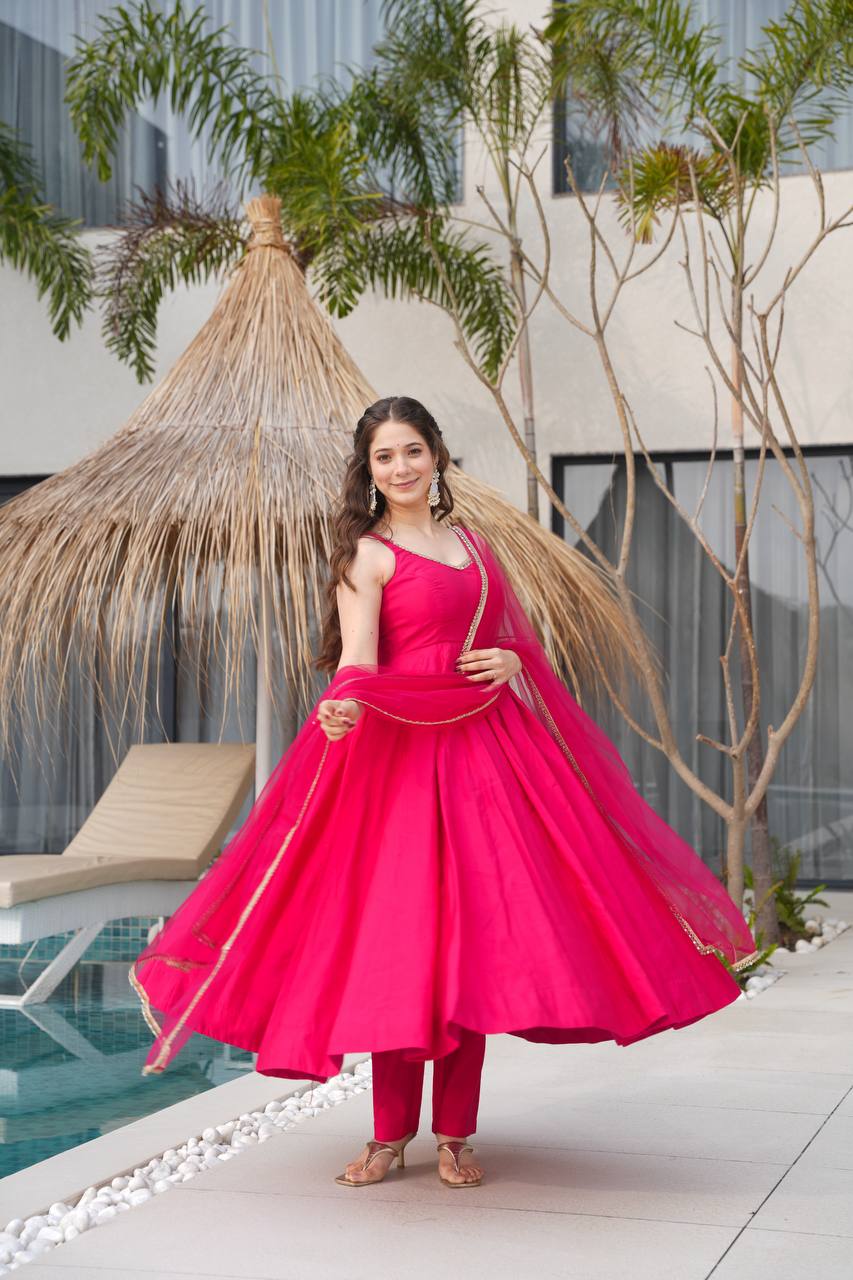 Aurelia Pink Blush Bloom Romansilk  Chanderi  Anarkali suit