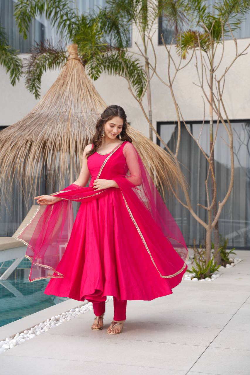 Aurelia Pink Blush Bloom Romansilk  Chanderi  Anarkali suit