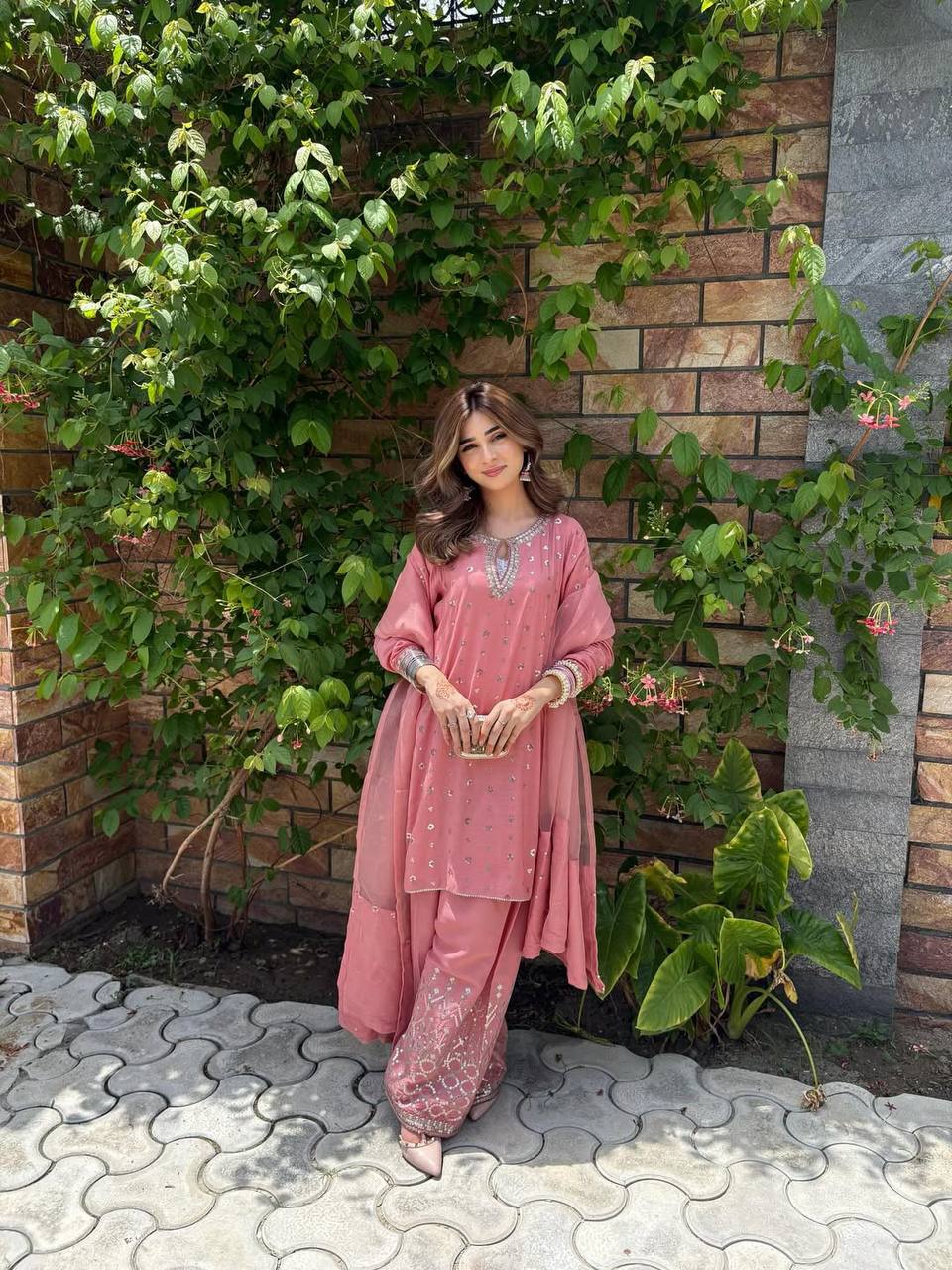 Riyaana Blush Pink Chinnon Silk And Multi Needle Farshi salwar