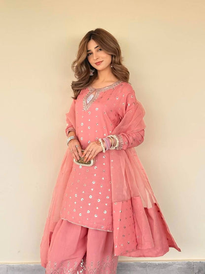 Riyaana Blush Pink Chinnon Silk And Multi Needle Farshi salwar