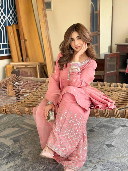 Riyaana Blush Pink Chinnon Silk And Multi Needle Farshi salwar