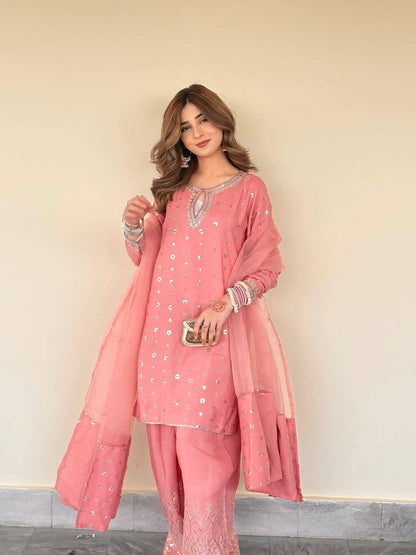 Riyaana Blush Pink Chinnon Silk And Multi Needle Farshi salwar