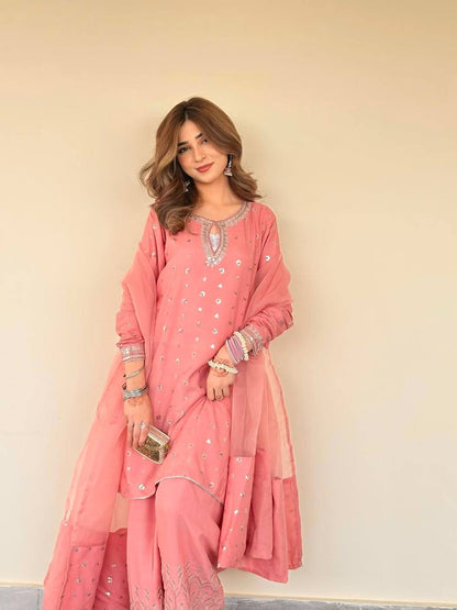 Riyaana Blush Pink Chinnon Silk And Multi Needle Farshi salwar