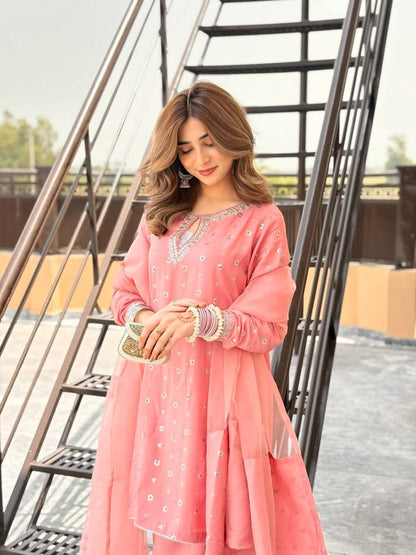 Riyaana Blush Pink Chinnon Silk And Multi Needle Farshi salwar