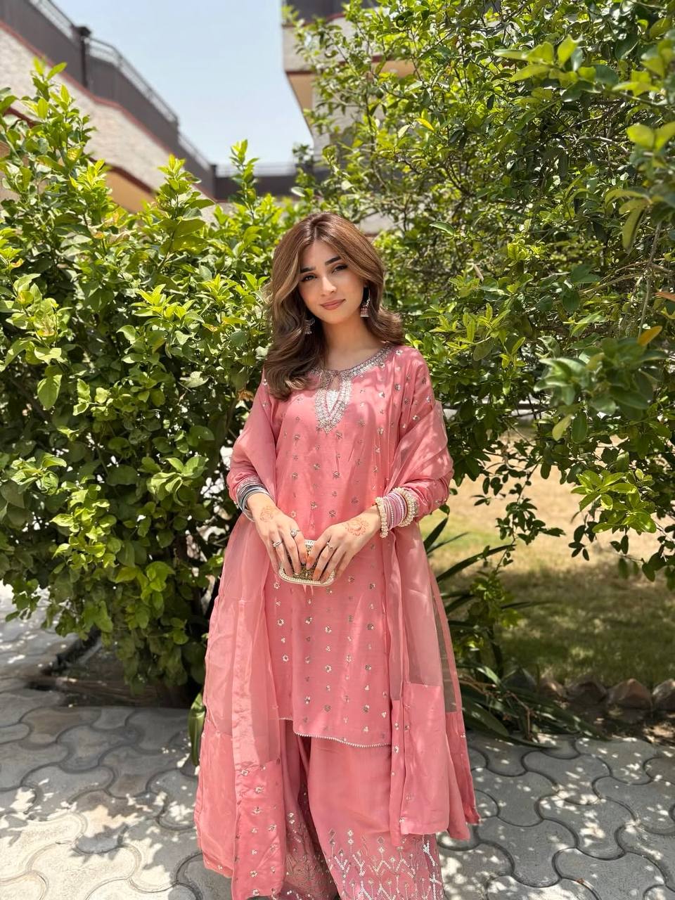 Riyaana Blush Pink Chinnon Silk And Multi Needle Farshi salwar