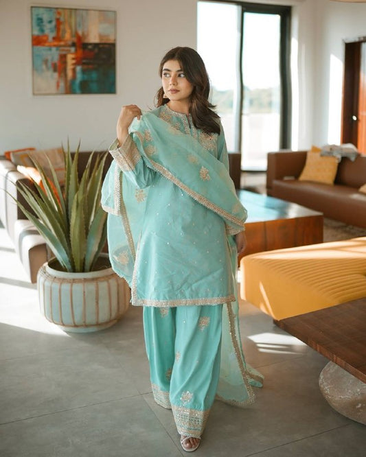 Aafreen Sky  Pur Natural Crepe Pretty Farshi  Suit Set