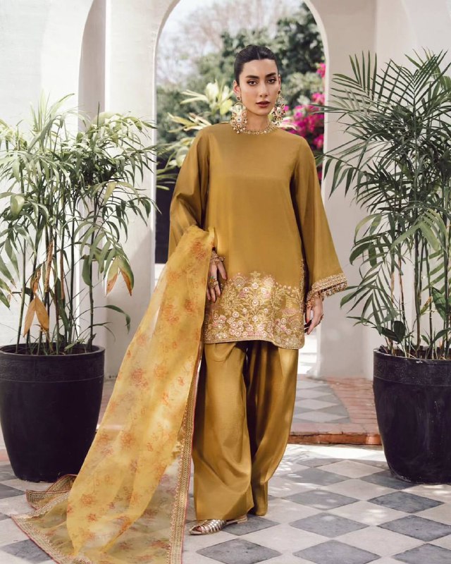 Pihu Bloom Mustard French Crep Silk Farshi Palazzo