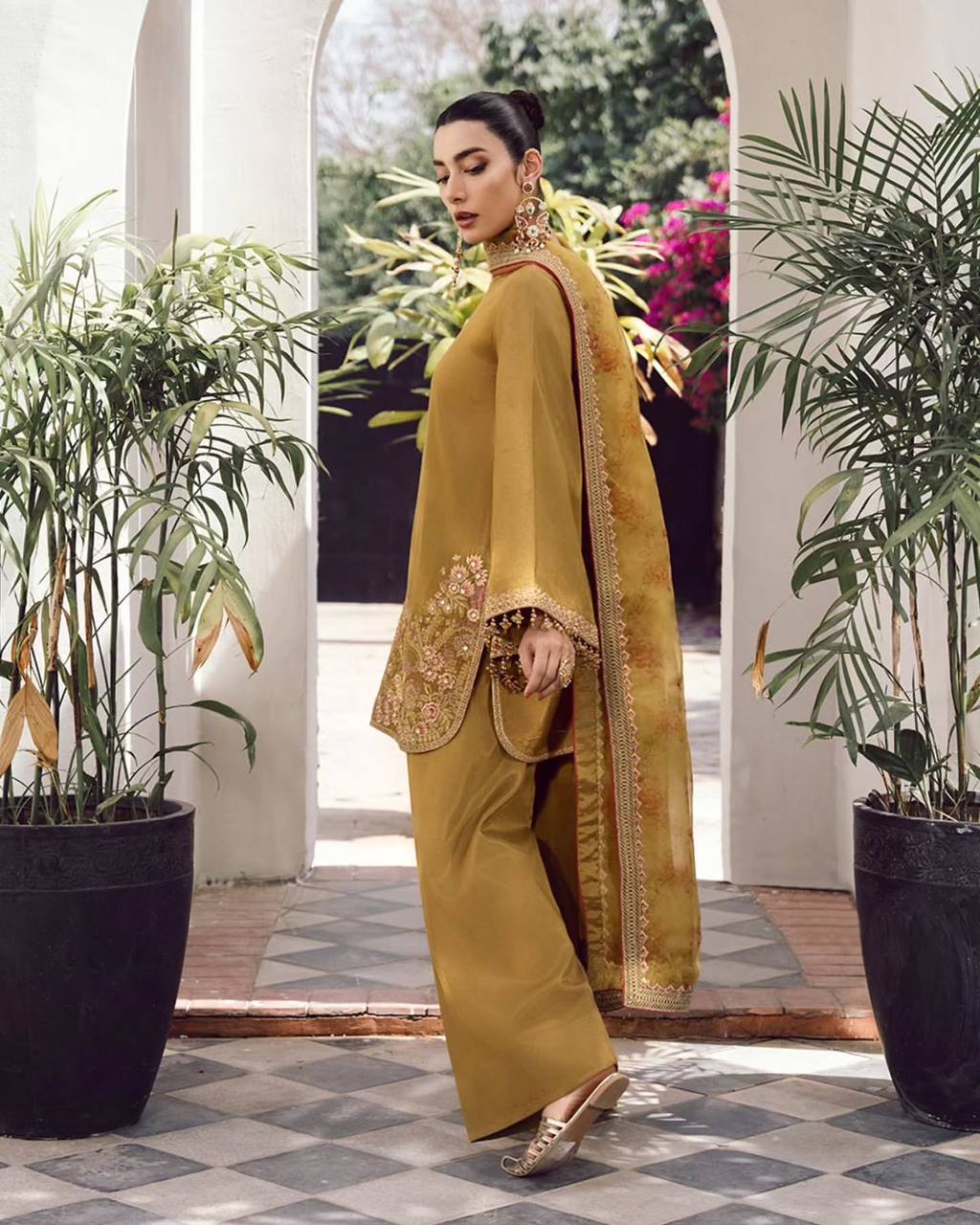 Pihu Bloom Mustard French Crep Silk Farshi Palazzo