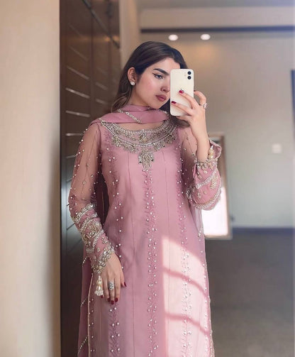 Rosy Ruhaniyat Designer Faux Georgette Pastel Pink Plazzo Set