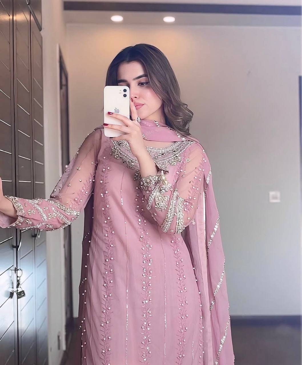 Rosy Ruhaniyat Designer Faux Georgette Pastel Pink Plazzo Set