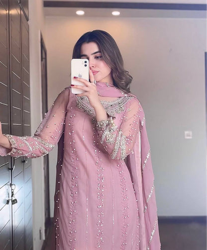 Rosy Ruhaniyat Designer Faux Georgette Pastel Pink Plazzo Set