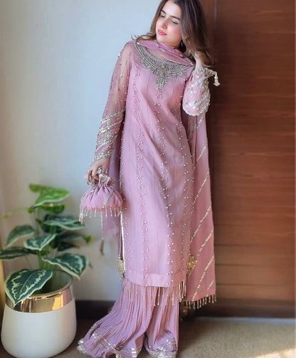 Rosy Ruhaniyat Designer Faux Georgette Pastel Pink Plazzo Set