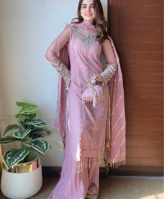 Rosy Ruhaniyat Designer Faux Georgette Pastel Pink Plazzo Set