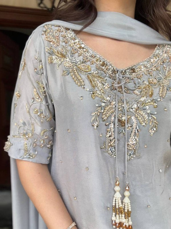 Grey Grace Ensemble Natural Crepe Designer Farshi Palazzo Set